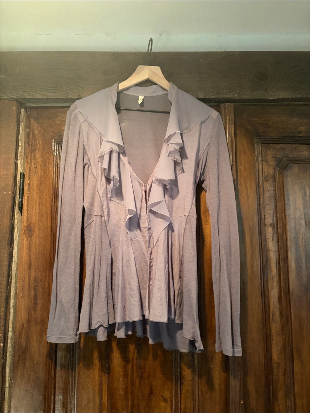 Ruffle-Front Long Sleeve Blouse - Gray